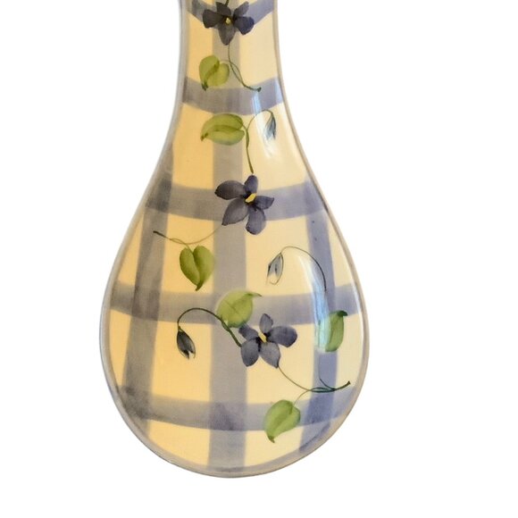 Hand-Painted Ceramic Spoon Rest With Floral Design & Blue Checkered Pattern 8.5” - Picture 2 of 4